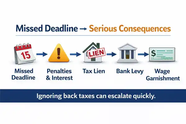 Timeline showing consequences of not filing taxes including penalties liens and wage garnishment